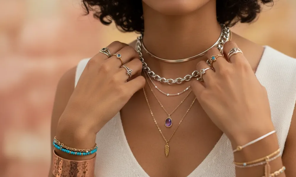 Plano mujer usando bisutería