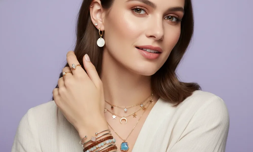 Mujer atractiva usando bisutería